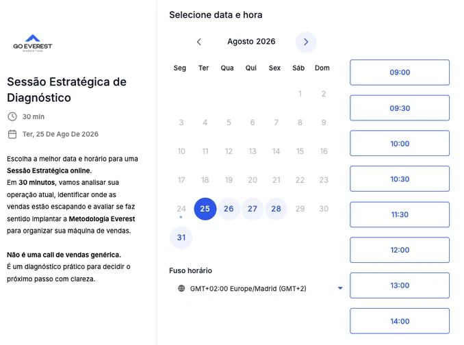 Pagina de agendamento do Kobematic: calendario do mes, horarios livres em coluna e a descricao do atendimento com duracao de 30 minutos